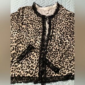 Chico’s size 2 large leopard open cardigan with black fringe trim